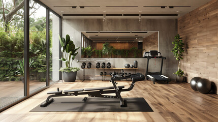 A spacious home gym equipped with a rowing machine, treadmill, and wallmounted mirror