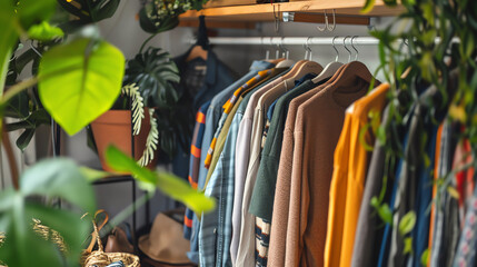 A stylish wardrobe organized with clothes made of organic cotton, bamboo, and recycled materials