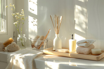 A sunlit bathroom displaying plasticfree toiletries, bamboo toothbrushes, and natural loofahs