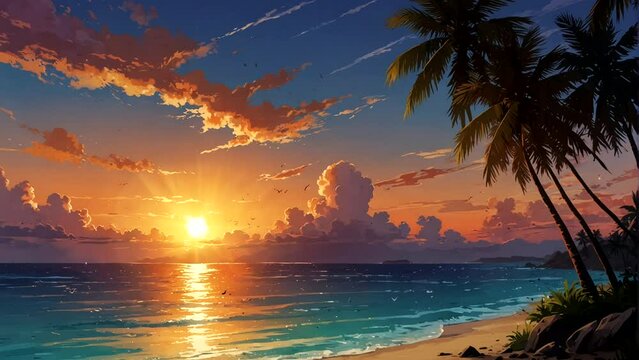 Animation Summer landscape with tropical beach at sunset  Seamless looping 4k time-lapse animation video background