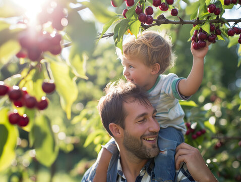A happy boy on his dad's shoulders in spring, picking cherries at a farm, making cherished memories during the u-pick season.