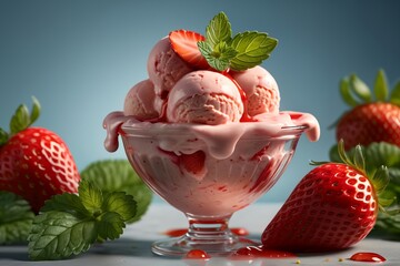 strawberry ice cream with strawberry syrup and mint