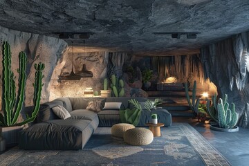 a living room in the cave, underground house interior design with couch and green cactus plants, ambient lighting, dark grey stone walls, hyper realistic, ultra detailed,