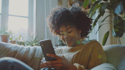 smiling young african american woman using mobile phone while sitting on sofa at home.