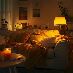 ustrate the cozy charm of a living room adorned with a beige sofa, inviting blanket, and sunny yellow cushions, enveloped in the comforting ambiance of warm lighting