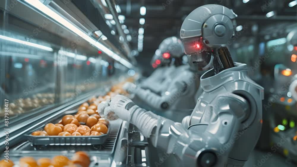 Poster a humanoid robot with a highly detailed mechanical design is selecting fruit from a supermarket shel