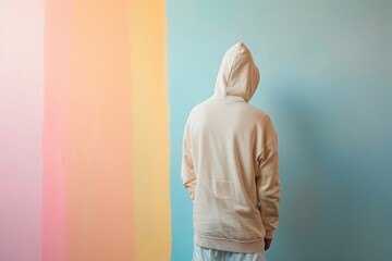 A man in hoodie stands against the background of pastel color walls, space for text on right side,...