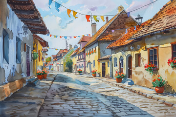 Detailed Watercolor Painting of Cobblestone Street in Romanian Town Decorated for Saint Anthony's Feast