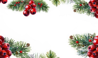 watercolor new year card frame with christmas trees, holly, berry. template for greeting cards, cover, flyer, postcard design, party invitations, winter wedding