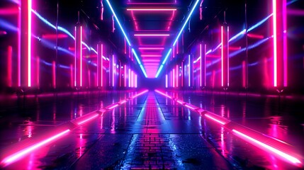 a corridor with neon lighting and luminous frames in the style of the 90s	
