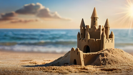 sand castle on background of sea, sunset sky. summer horizontal template for advertising with empty copy space. concept of sea travel and beach holidays - Powered by Adobe