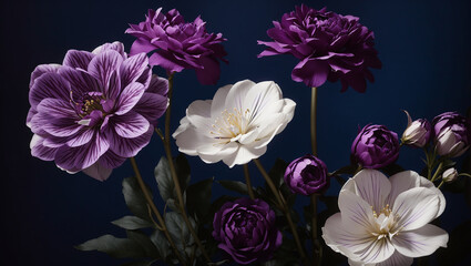 image is of several flowers with white petals and purple stripes, along with a few purple flowers