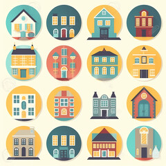 Icons of houses and buildings isolated on white. Illustration in vector format
