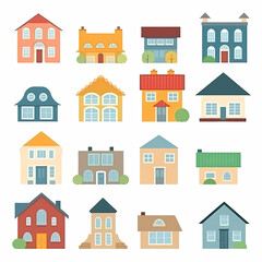 Fototapeta premium Icons of houses and buildings isolated on white. Illustration in vector format