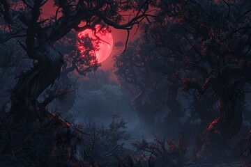 A dark forest with a red moon in the sky