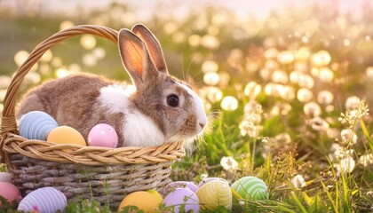 cute fluffy rabbit sitting in basket with colorful eggs on spring field with flowers and grass happy easter cottagecore background card banner with copy space - Powered by Adobe