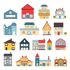 Fototapeta premium Icons of houses and buildings isolated on white. Illustration in vector format