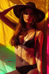 a sexy beautiful woman in bikini posing on color background