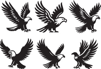 Eagle flying with its wings spread set silhouette vector illustration.