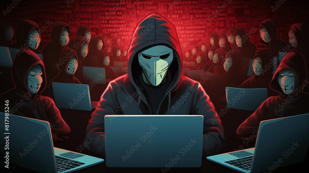 Poster group of anonymous wearing mask and using laptop in red dark room.