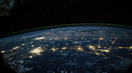 View of the Earth from space. Night lights of big cities. The dance of city lights, a testament to...