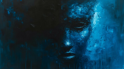 Fototapeta premium Oil painting of a human face in a dark blue background.