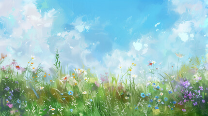A beautiful meadow with wildflowers, a clear blue sky and gentle clouds in the background, painted in soft pastel colors, in the style of impressionism, Generative AI