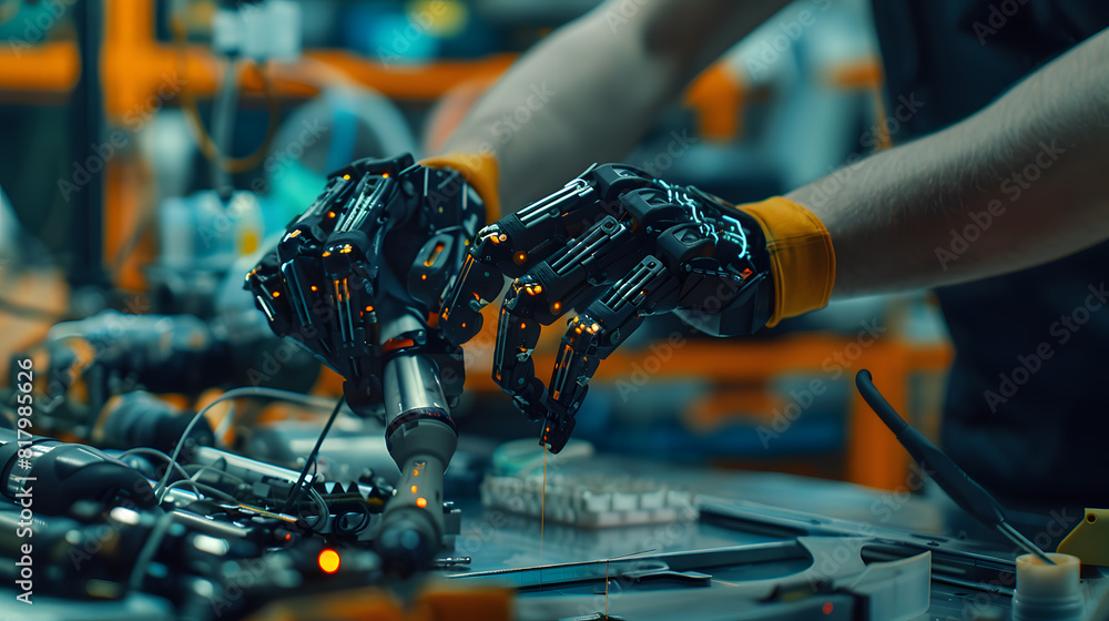 Poster close-up of robot arm and human hands in process of assembly