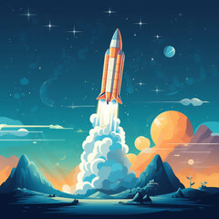 Fototapeta premium The rocket is taking off into the starry sky.