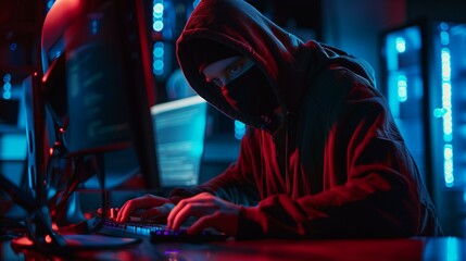 Person in black hoodie mask sitting in dark room typing on keyboard with red blue lights reflecting on face