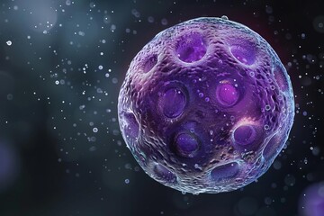 Naklejka premium A microscopic image of a yeast cell, depicted in purple with a smooth, round appearance, set against a stark, dark background