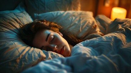 Woman sleeping in bed with dim light on