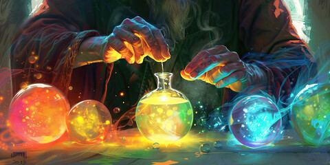 An alchemist, surrounded by glowing orbs of colored light, brews a potion of healing and transformation, using the four elements in perfect balance.