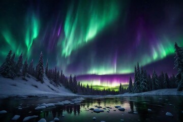 Dazzling aurora borealis simulation with green and purple lights dancing in the sky.