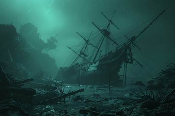 A shipwreck is shown in a deep blue ocean with smoke rising from the water.