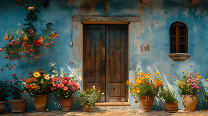 A doorway with a bunch of flowers in front of it