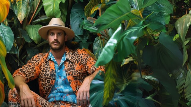 A boldly dressed man with a beard and a hat. Model sits among an exotic jungle type background