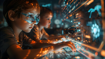 Children learning to code with tutor   Photo realistic concept showcasing early tech education  importance of STEM learning in coding basics