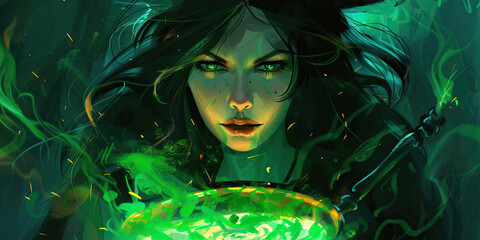 A witch, their cauldron ablaze with emerald flames, harnesses the power of nature, weaving magic into every spell. 
