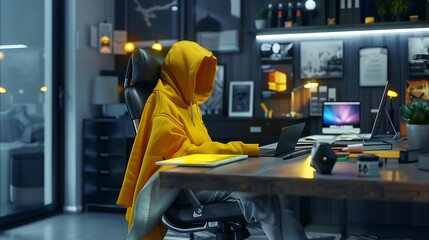 A modern workspace featuring a graphic tablet and a yellow hoodie draped over the chair