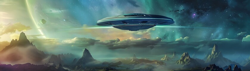 Obraz premium a sleek spaceship hovering majestically over a lush, utopian landscape, its metallic hull glinting under a surreal sky ablaze with a prismatic aurora