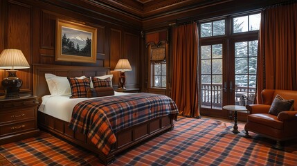 Describe a bedroom that combines plaid bedding, a bright patterned carpet, and warm wood tones