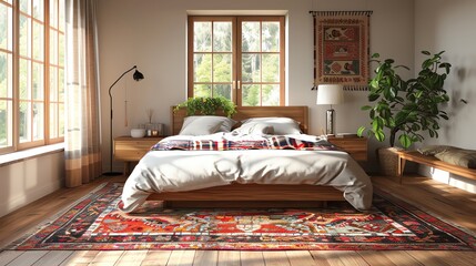 Design a warm and simple bedroom featuring a wooden bed with plaid bedsheets and a bright patterned carpet