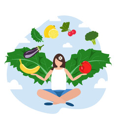 Woman in food balance with fruits and vegetables