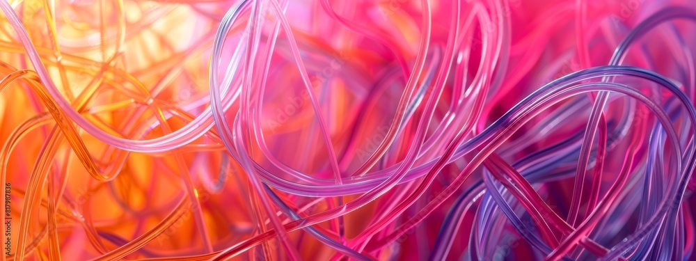 Poster an abstract pattern created by overlapping and crisscrossing fiber optic cables against a plain back