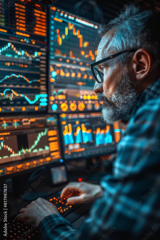 Poster a male stock trader analyzes the market data on multiple computer screens.