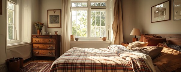 Envision a simple bedroom with plaid bedsheets, a bright carpet, and shades of brown and beige