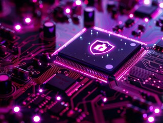 A glowing purple circuit board with a padlock symbol in the center.