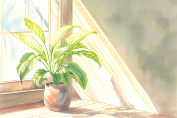 Bird's Nest Fern plant (Colored Pencil) - Tropical regions - Curled fronds resembling a bird's nest, prefers indirect light 