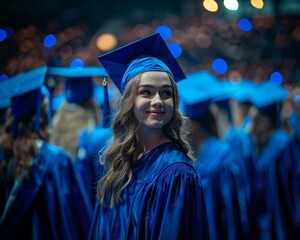 Obraz premium A young woman in a blue graduation gown smiles as she looks back at the camera.